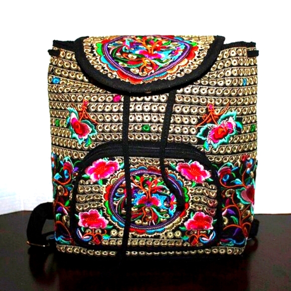 Embroidered Backpack - Black - Multicolor Floral - Boho/Festival Style - Picture 1 of 11
